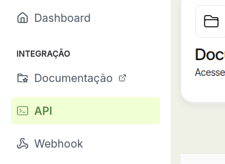imagem da opção "API" na sessão "integração" do menu lateral esquerdo